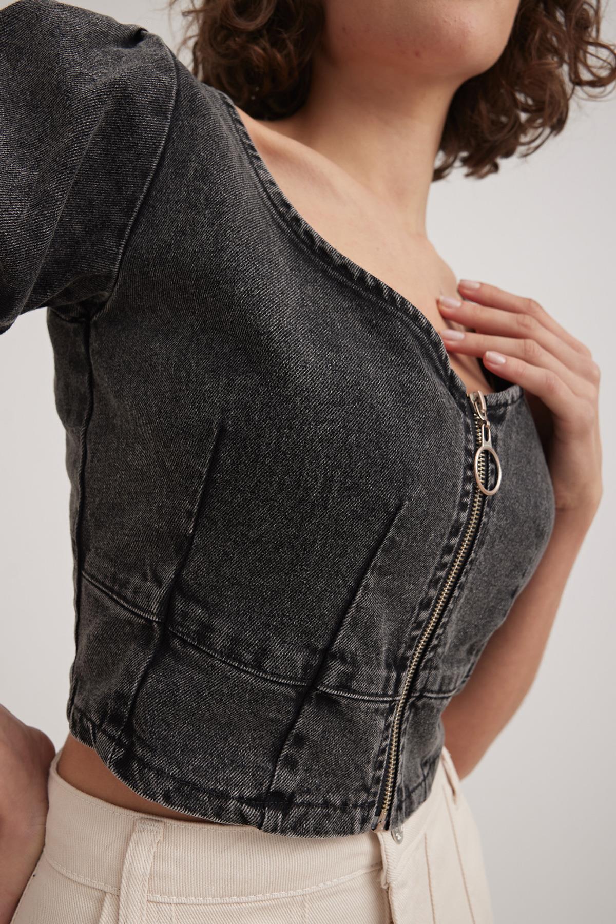 Kadın Fermuarlı Crop Kot Bluz BLACK