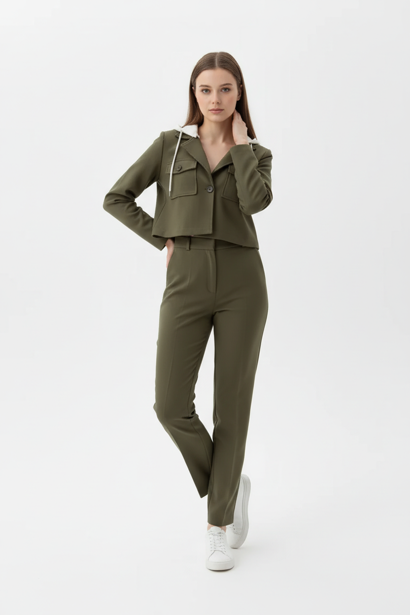 Tek Pileli Kumaş Pantolon HAKİ