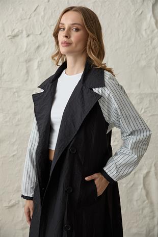 Arka Baskı Detaylı Düğmeli Trençkot SİYAH