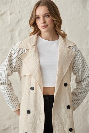 Arka Baskı Detaylı Düğmeli Trençkot TAŞ