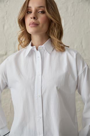 Arka Ribana Yazı Detaylı Gömlek BEYAZ