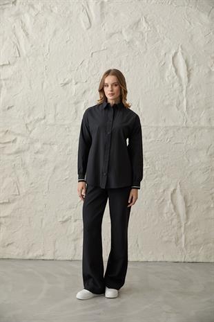 Arka Ribana Yazı Detaylı Gömlek SİYAH