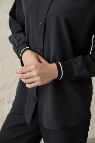 Arka Ribana Yazı Detaylı Gömlek SİYAH