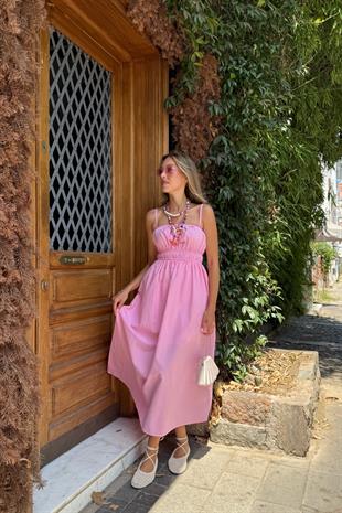 Askı Ayarlı Beli Lastikli Terrycotton Elbise PEMBE