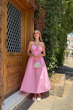 Askı Ayarlı Beli Lastikli Terrycotton Elbise PEMBE