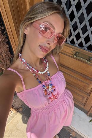 Askı Ayarlı Beli Lastikli Terrycotton Elbise PEMBE