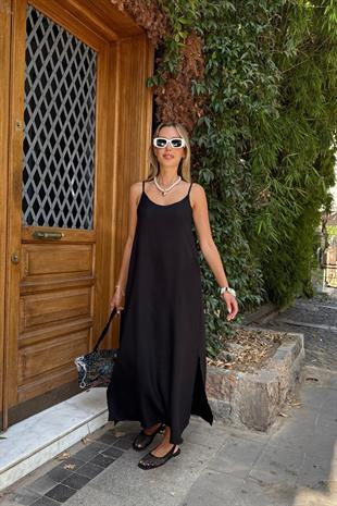 Askı Ayarlı Oversize Keten Elbise SİYAH