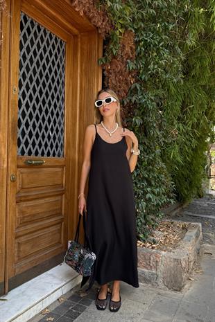 Askı Ayarlı Oversize Keten Elbise SİYAH