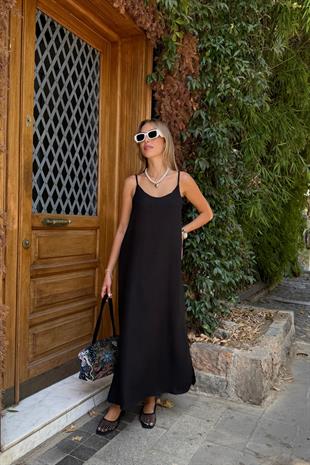 Askı Ayarlı Oversize Keten Elbise SİYAH