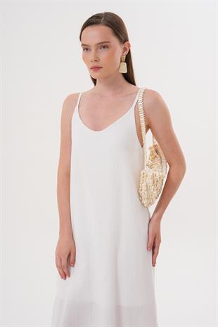 Askı Ayarlı Oversize Müslin Elbise EKRU