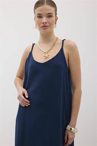 Askı Ayarlı Oversize Müslin Elbise LACİVERT