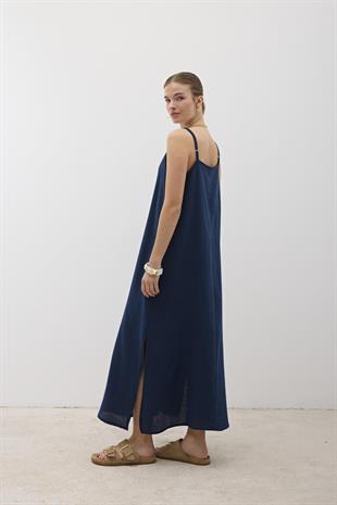 Askı Ayarlı Oversize Müslin Elbise LACİVERT