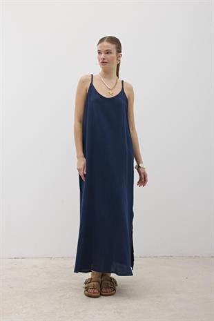 Askı Ayarlı Oversize Müslin Elbise LACİVERT