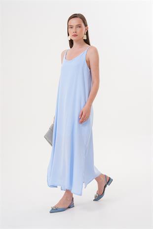 Askı Ayarlı Oversize Müslin Elbise MAVİ