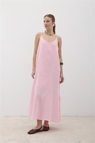 Askı Ayarlı Oversize Müslin Elbise PEMBE