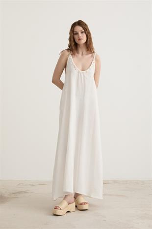 Askı Örgü Detaylı Dantelli Elbise BEYAZ