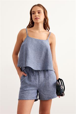 Askılı Keten Crop Bluz MAVİ