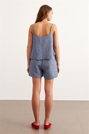 Askılı Keten Crop Bluz MAVİ