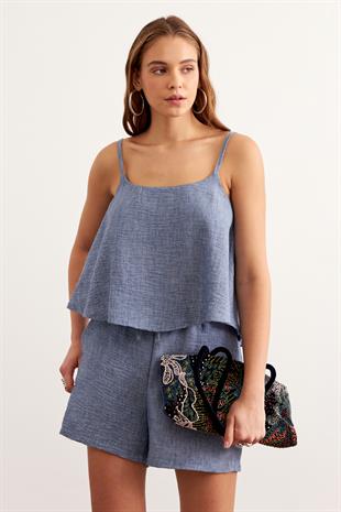 Askılı Keten Crop Bluz MAVİ