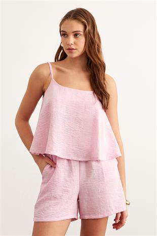 Askılı Keten Crop Bluz PEMBE