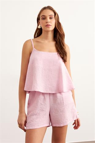 Askılı Keten Crop Bluz PEMBE