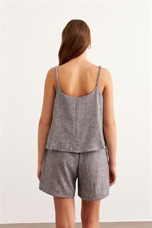 Askılı Keten Crop Bluz SİYAH