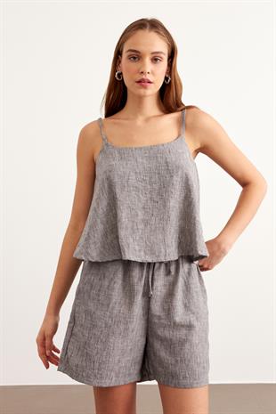Askılı Keten Crop Bluz SİYAH
