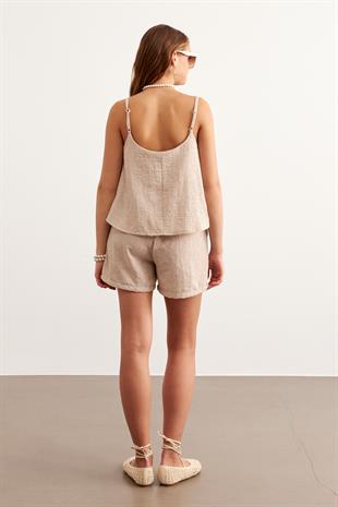 Askılı Keten Crop Bluz TAŞ