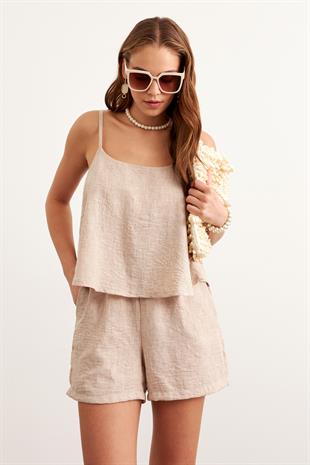 Askılı Keten Crop Bluz TAŞ