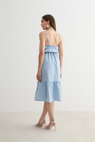 Askılı Önü Düğmeli Kot Elbise BUZ MAVİ