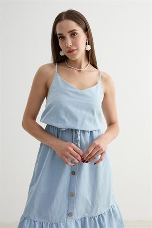 Askılı Önü Düğmeli Kot Elbise BUZ MAVİ