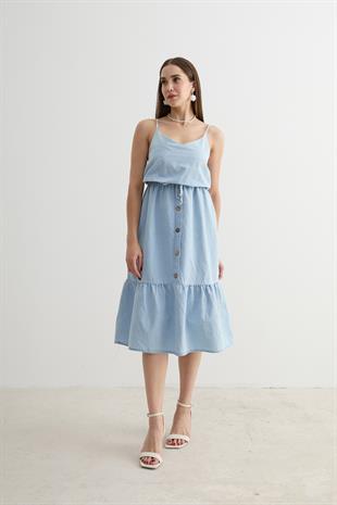 Askılı Önü Düğmeli Kot Elbise BUZ MAVİ