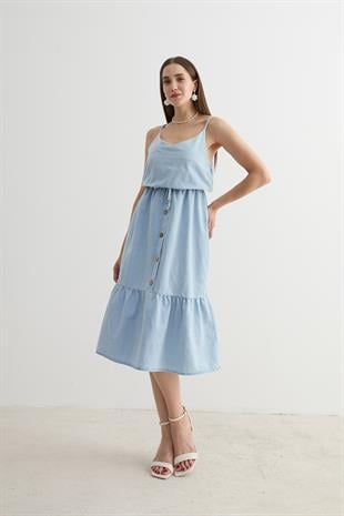 Askılı Önü Düğmeli Kot Elbise BUZ MAVİ