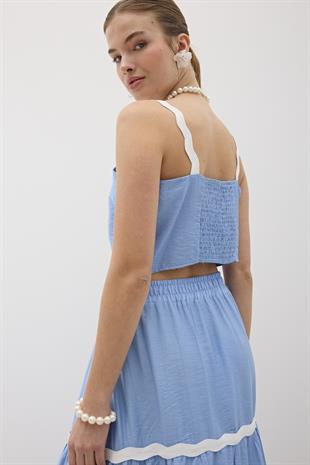 Askılı Su Taşı Desenli Crop Bluz MAVİ