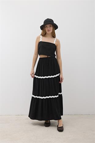 Askılı Su Taşı Desenli Crop Bluz SİYAH