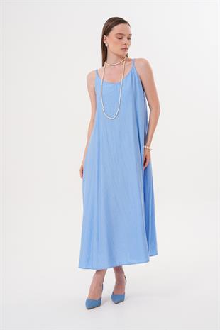 Askılı Uzun Elbise MAVİ