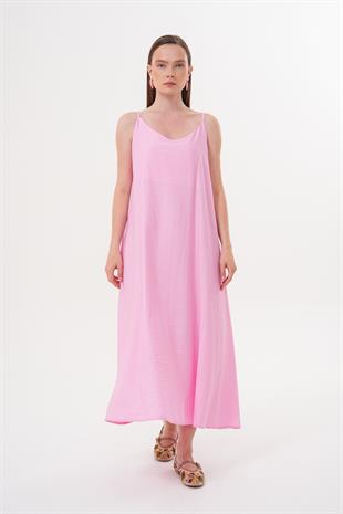 Askılı Uzun Elbise PEMBE