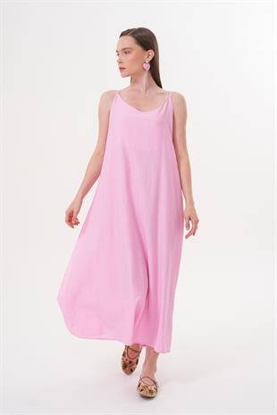 Askılı Uzun Elbise PEMBE