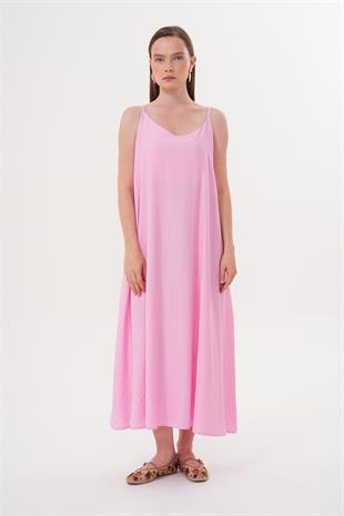 Askılı Uzun Elbise PEMBE