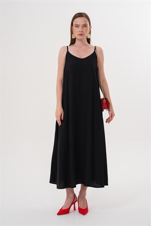 Askılı Uzun Elbise SİYAH
