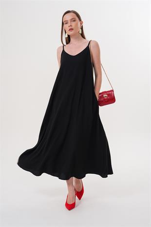 Askılı Uzun Elbise SİYAH