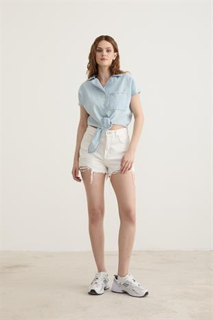 Bağlama Detaylı Kolsuz Kot Gömlek BUZ MAVİ