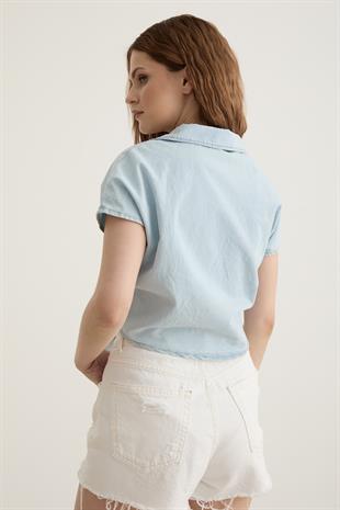 Bağlama Detaylı Kolsuz Kot Gömlek BUZ MAVİ