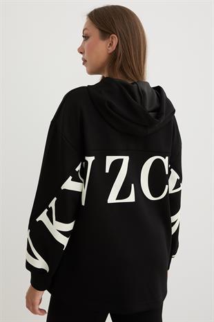 Baskı Detaylı Fermuarlı Sweatshirt SİYAH
