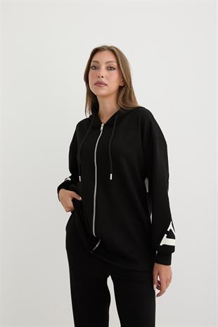 Baskı Detaylı Fermuarlı Sweatshirt SİYAH