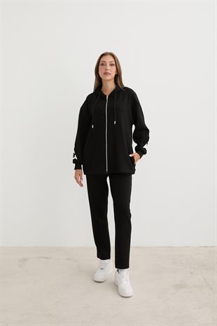 Baskı Detaylı Fermuarlı Sweatshirt SİYAH