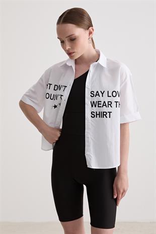 Baskı Detaylı Oversize Gömlek BEYAZ