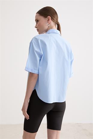 Baskı Detaylı Oversize Gömlek MAVİ