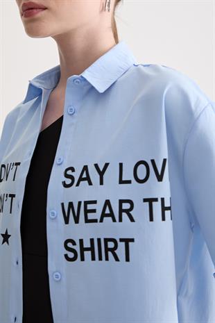 Baskı Detaylı Oversize Gömlek MAVİ