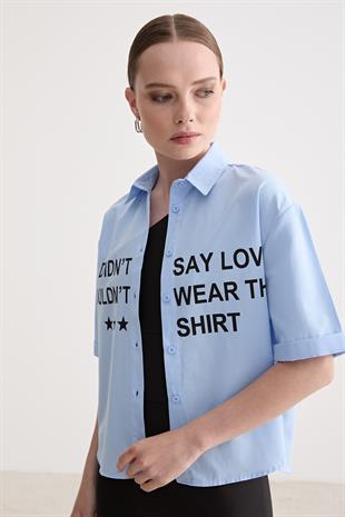 Baskı Detaylı Oversize Gömlek MAVİ
